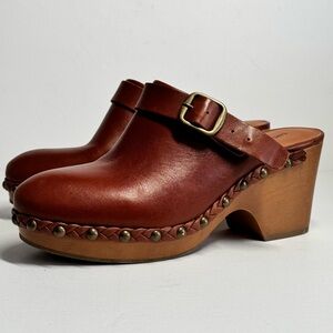 Lucky Brand Cognac Yazmine Clog Western Studded Buckle Shoes Chunky Platform 7.5